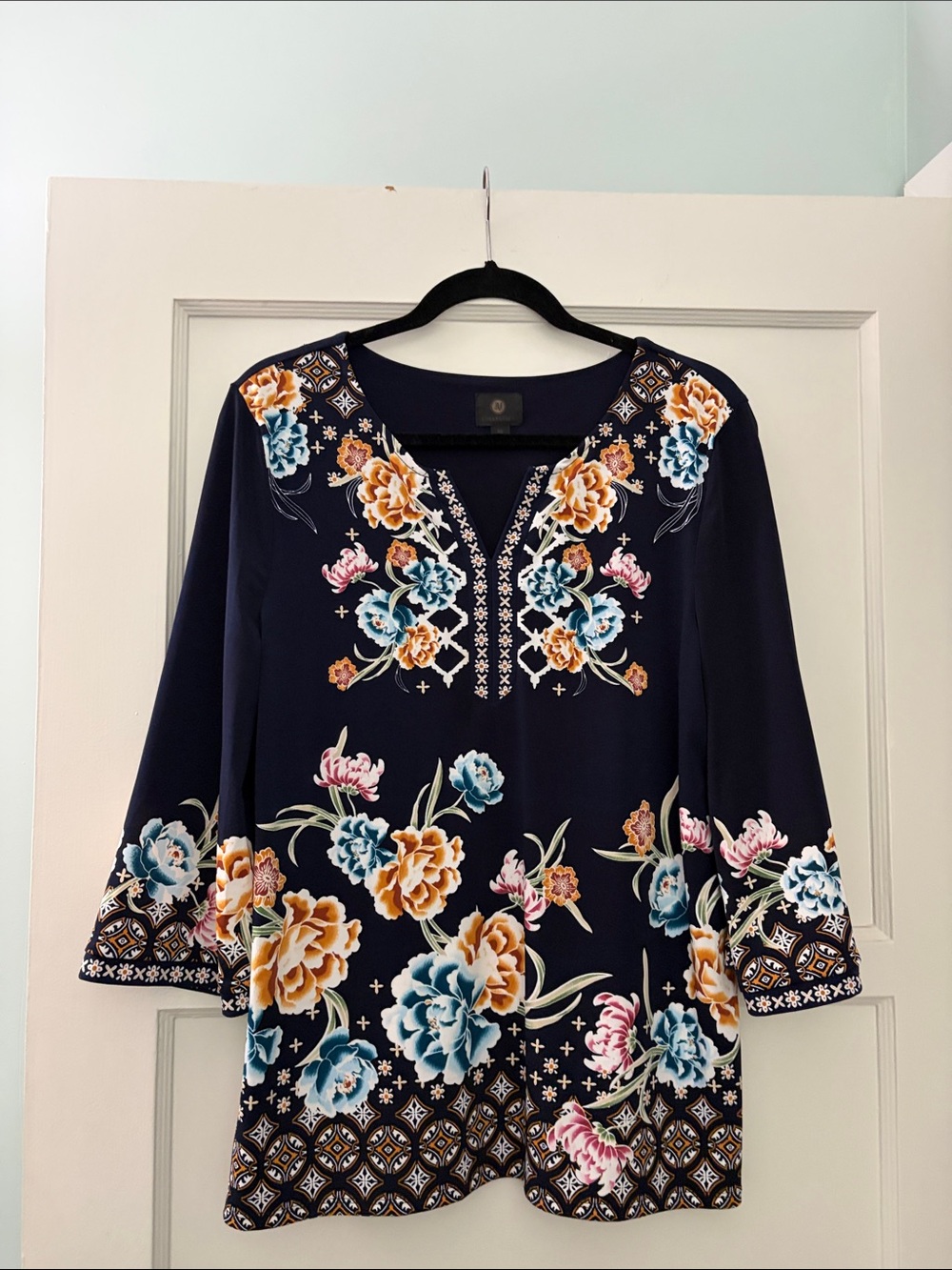 JM Collection Navy Floral Embroidered V-Neck Tunic Top
